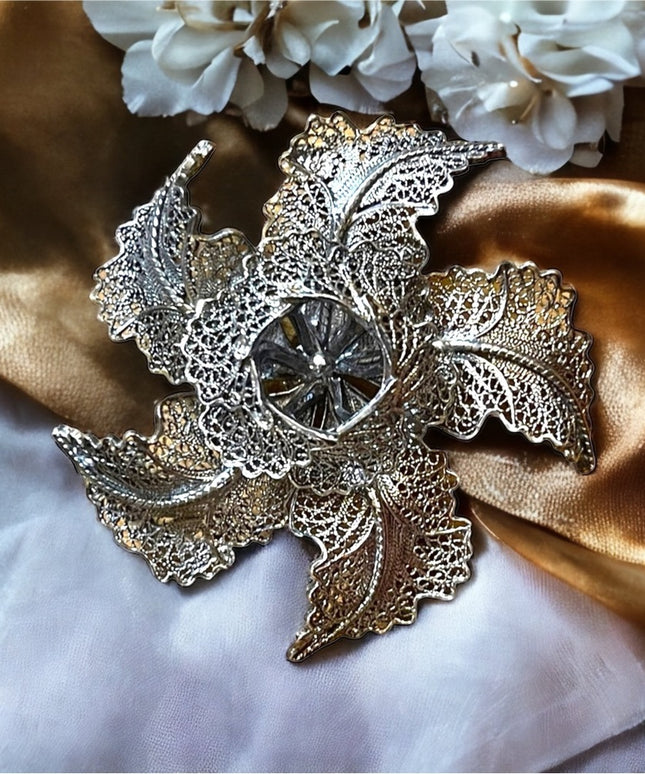 Vintage Silver finish german silver filagree fancy 1940s flower brooch