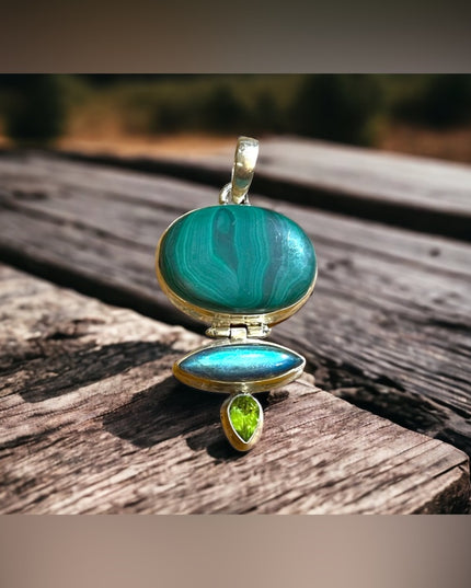 Vintage 1970 Sterling silver Peridot Malachite Labradorite chunky heavy pendant
