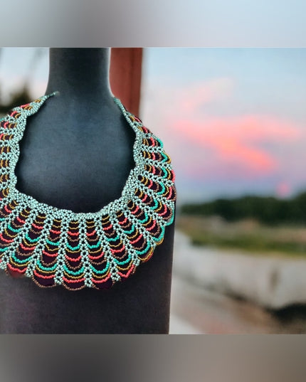 Vintage handmade Cleopatra Style seed bead necklace collar