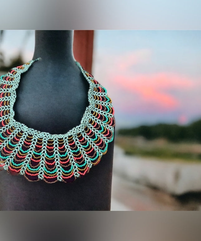 Vintage handmade Cleopatra Style seed bead necklace collar