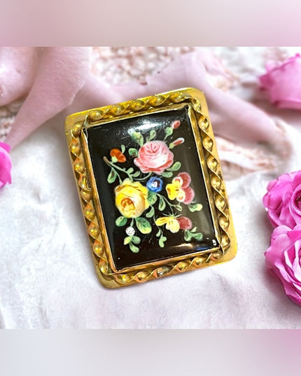 Antique Victorian Handpainted flower cameo ornate Black onyx 10k gold brooch