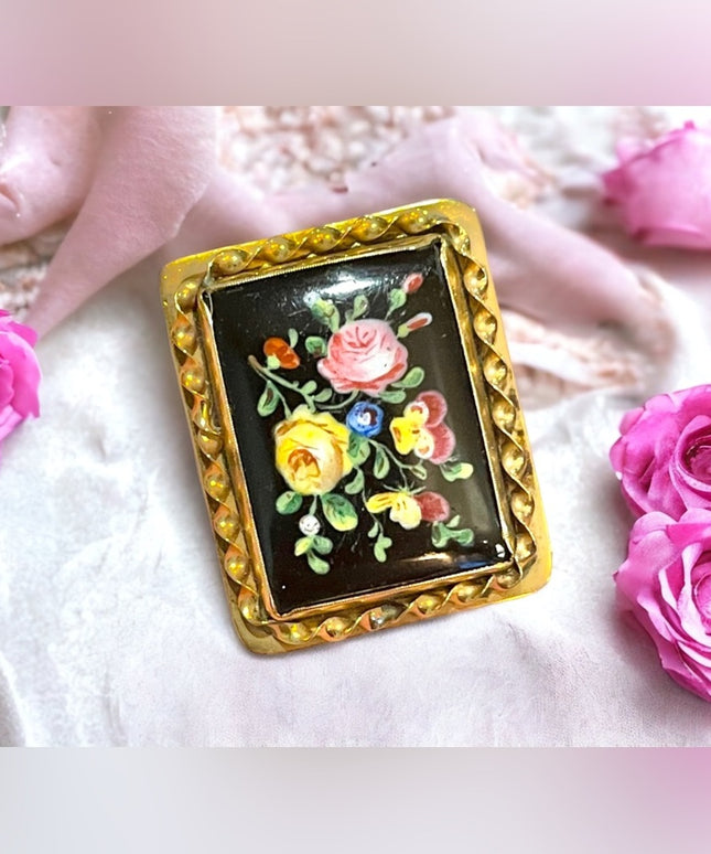 Antique Victorian Handpainted flower cameo ornate Black onyx 10k gold brooch