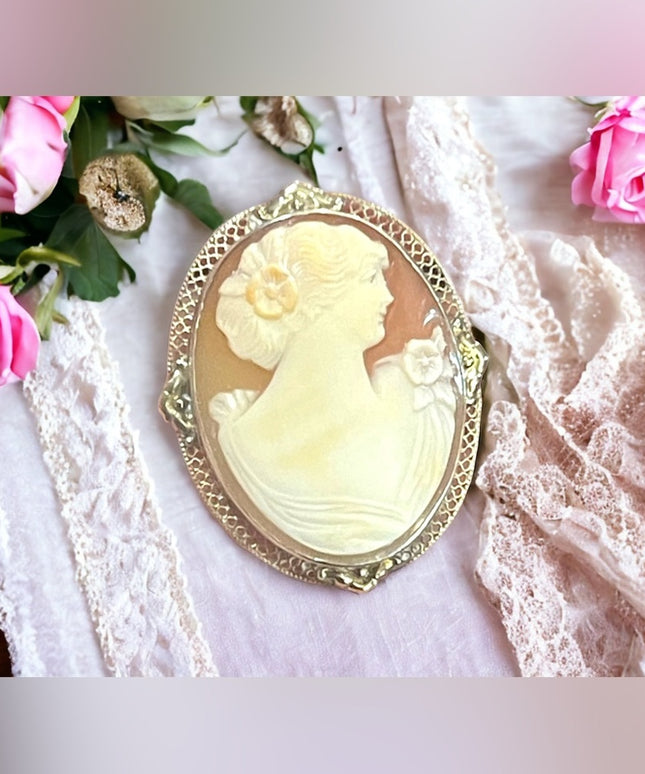 Vintage Mid Century Carved Shell Cameo Large silver brooch Victorian Lady