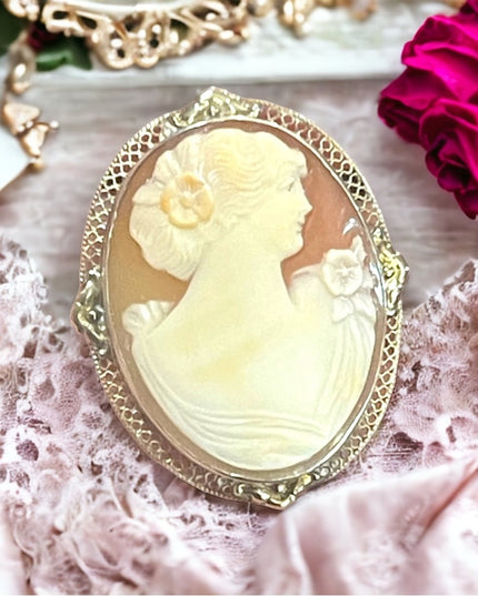 Vintage Mid Century Carved Shell Cameo Large silver brooch Victorian Lady