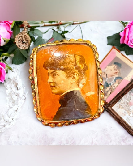 Antique rose gold Cameo brooch painted lady Victorian portrait