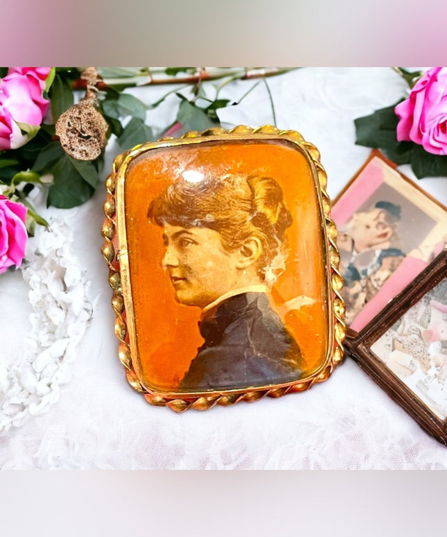 Antique rose gold Cameo brooch painted lady Victorian portrait