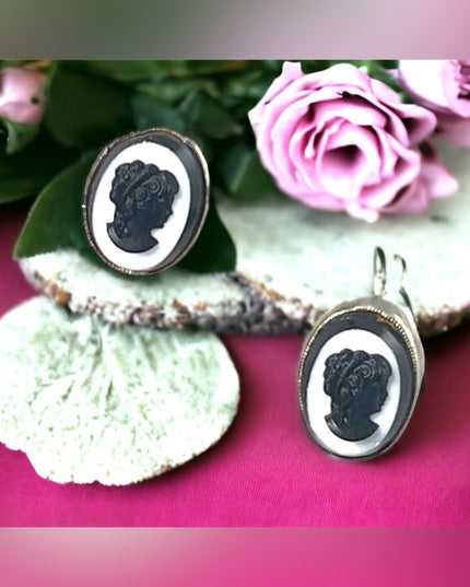 Vintage clip on cameo silouette earrings Black & white resin with silver finish
