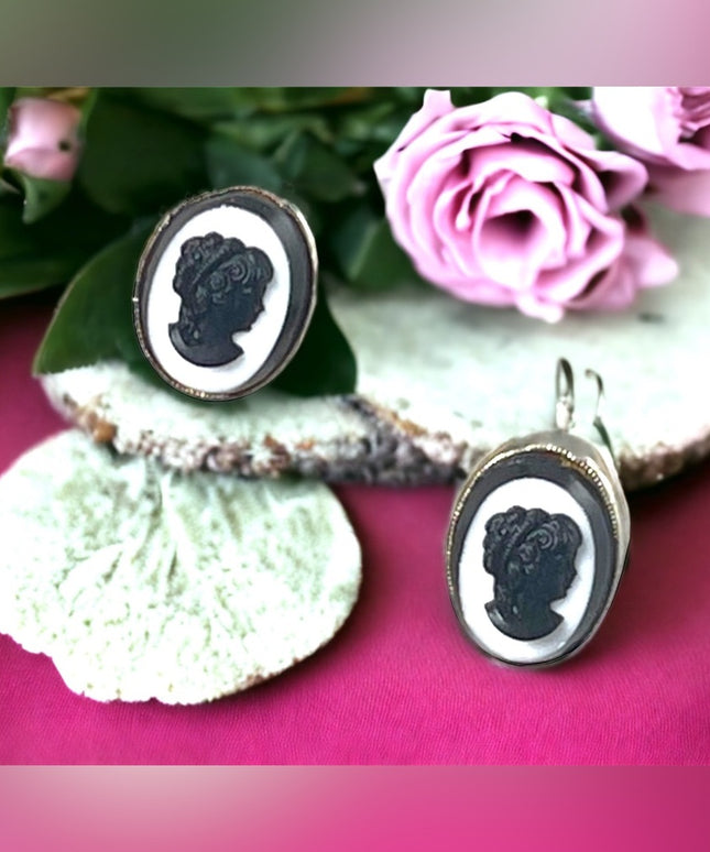 Vintage clip on cameo silouette earrings Black & white resin with silver finish