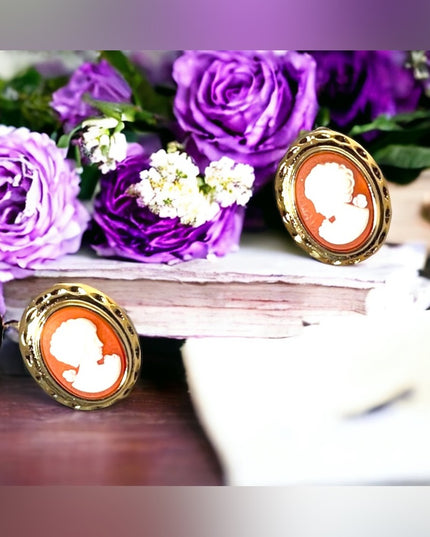 1980s gold finish high fashion faux resin cameo pierced earrings