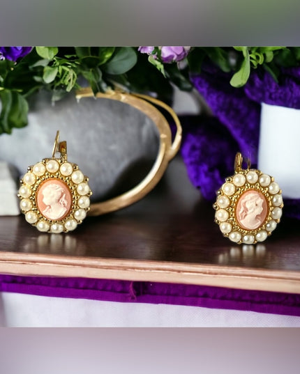 Cameo pearl gold finish dangle earrings
