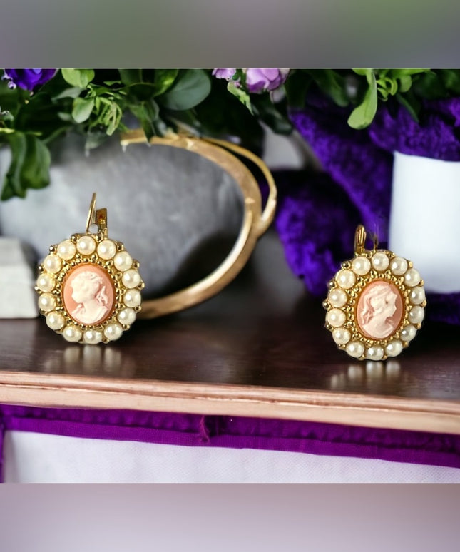Cameo pearl gold finish dangle earrings