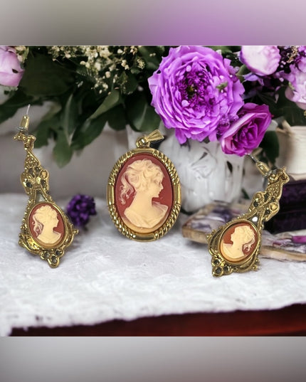Cameo set  Dangle earrings pendant gold finish