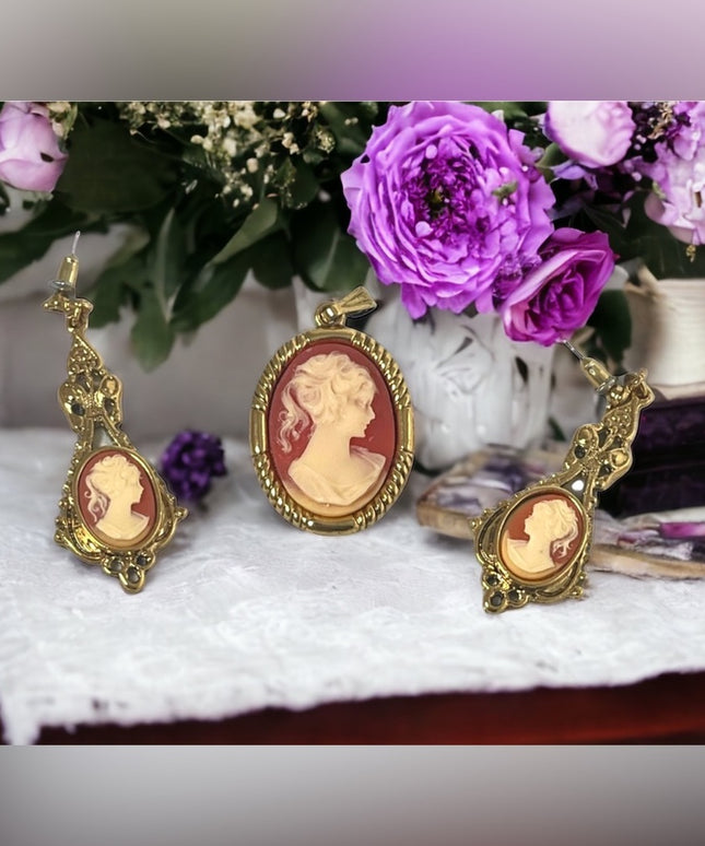 Cameo set  Dangle earrings pendant gold finish