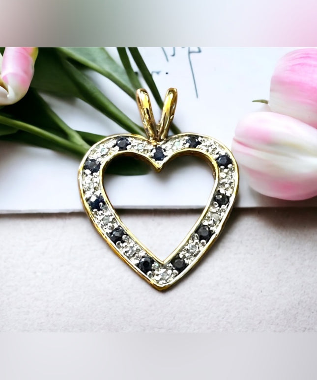 Sterling silver gold plt Authentic Diamond & sapphire large heart pendant