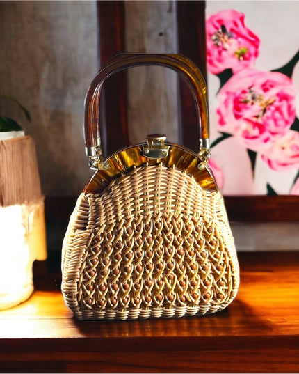 #37 VTG  Wicker Lucite handle fancy woven basket bead purse