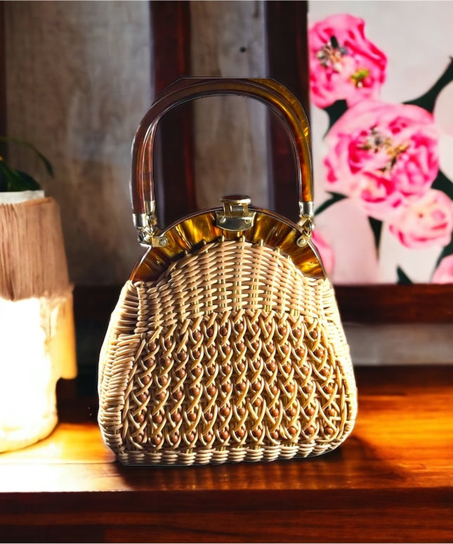 #37 VTG  Wicker Lucite handle fancy woven basket bead purse