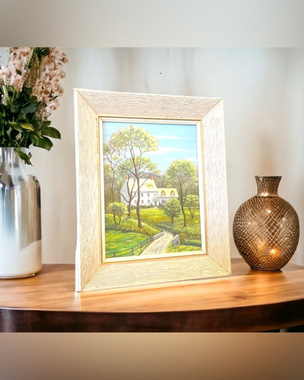 Vintage 1980s House painting Oil on masonite signed wood ornate frame