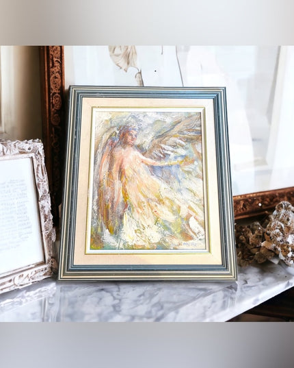 Vintage 1984 John Mattar signed oil painting on Masonite Angel wood framed