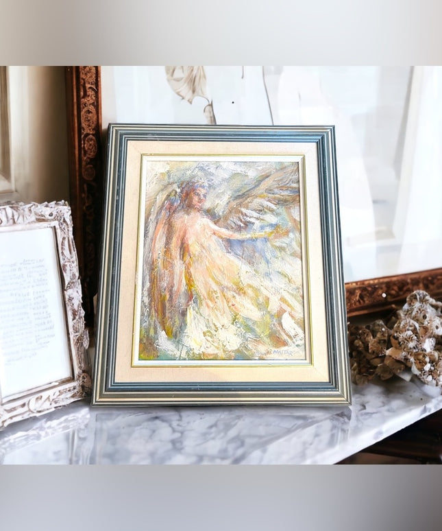 Vintage 1984 John Mattar signed oil painting on Masonite Angel wood framed