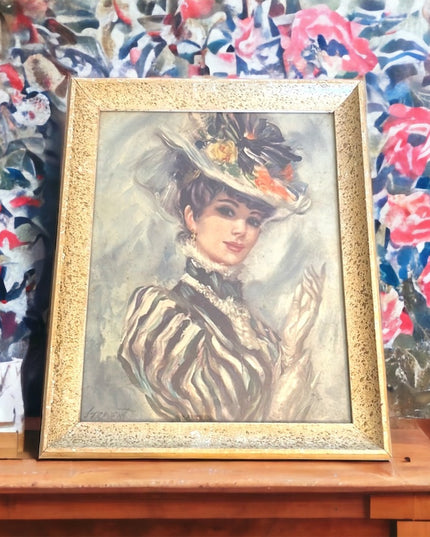 Vintage John Strevens, Victorian Woman in Floral Hat, Offset Lithograph Paper
