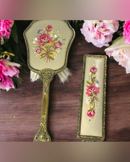 Vintage gold gilt Ormolu Ornate fancy brushes vanity dresser set