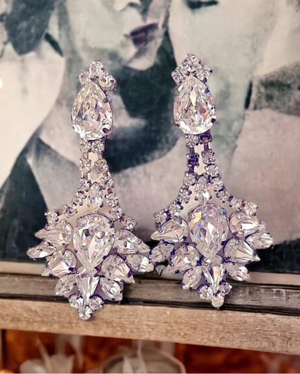 Vintage stunning clear crystal chunky dangle earrings clip ons