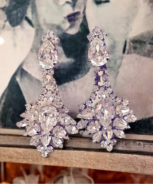 Vintage stunning clear crystal chunky dangle earrings clip ons