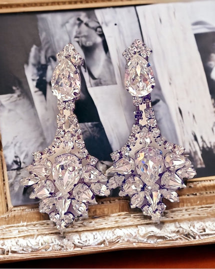 Vintage stunning clear crystal chunky dangle earrings clip ons