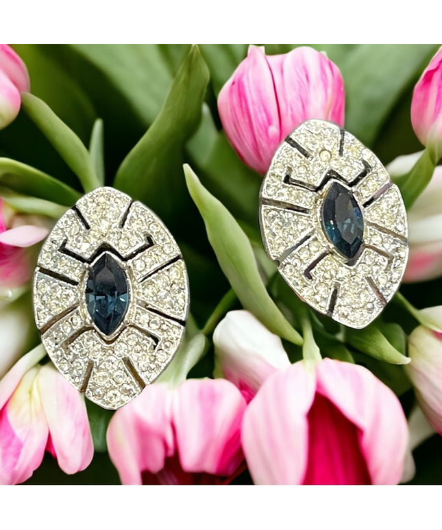 Vintage clear & blue crystal tear drop fancy party earrings