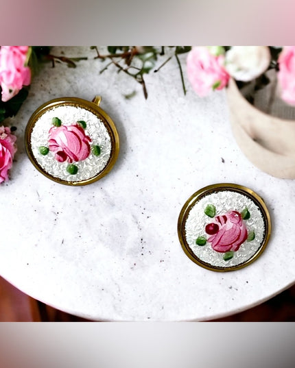 Vintage Hand painted guilloche gold finish screw back earrings