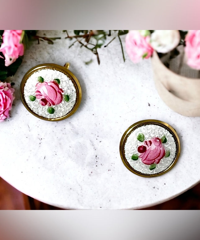 Vintage Hand painted guilloche gold finish screw back earrings