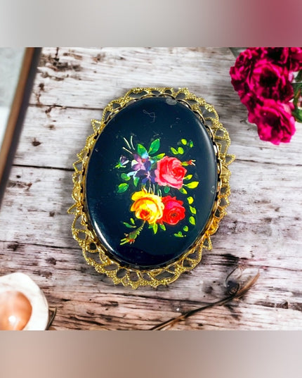 Vintage Black glass painted fancy flowers cameo brooch