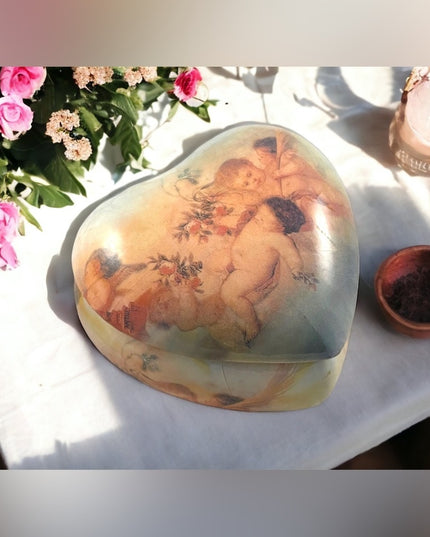 Vintage ceramic painted Cherub Angel heart trinket box gold gilt accent