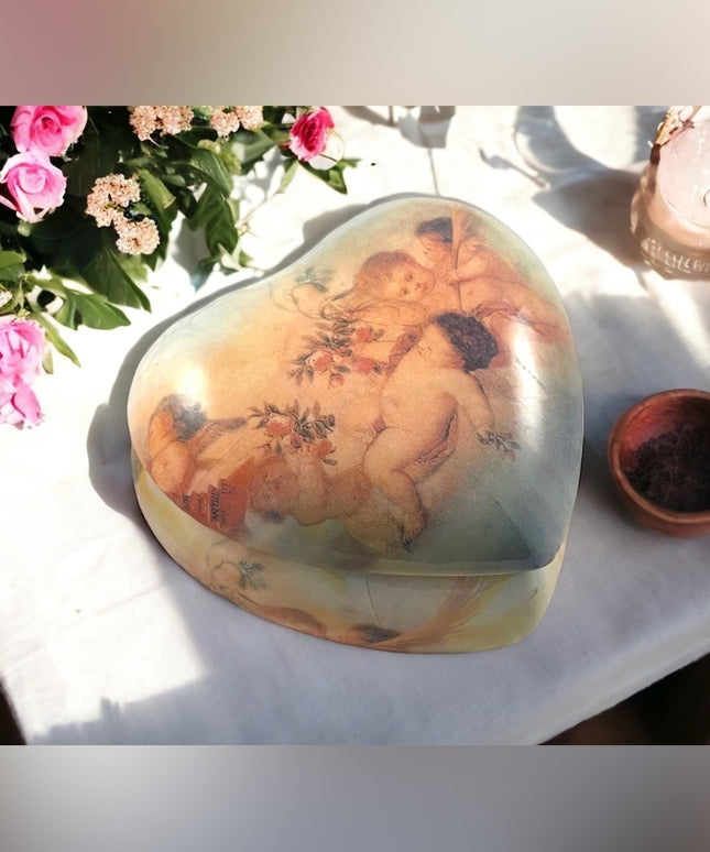 Vintage ceramic painted Cherub Angel heart trinket box gold gilt accent