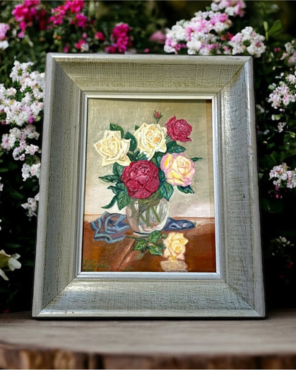 Vintage signed oil painting on board wood frame roses