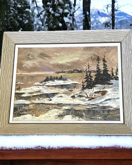 Vintage River water winter landscape signed oil painting on board wood frame