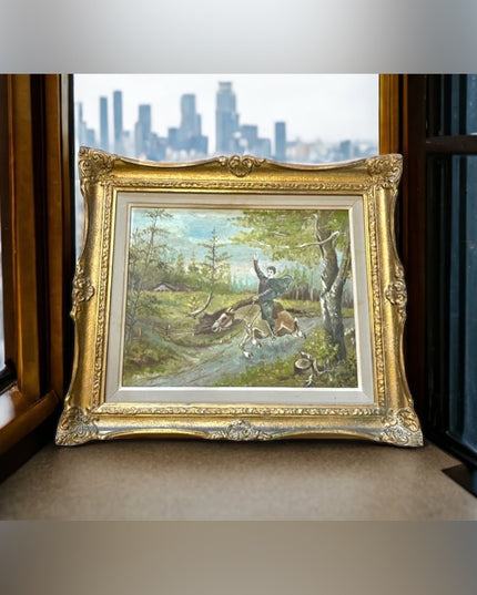 Vintage Signed oil painting Man on horse gold gilt ornate wood frame