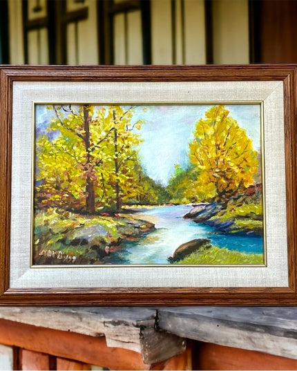 Vintage signed landscape oil painting wood frame