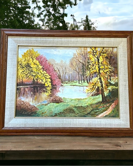 Vintage wood framed signed landscape oil painting
