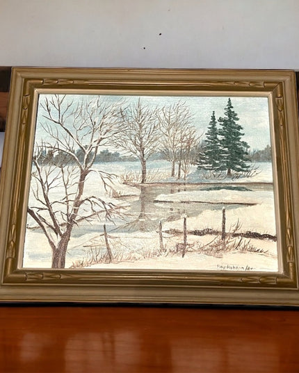 Vintage wood framed winter landscape SIGNED oil painting on board