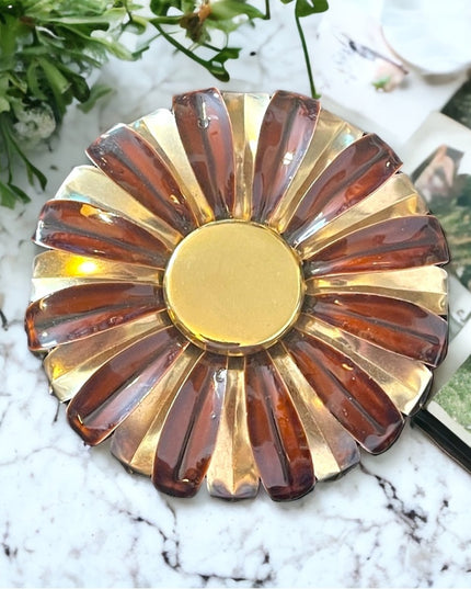 Vintage 1960s Gold metal with brown painted flower large brooch