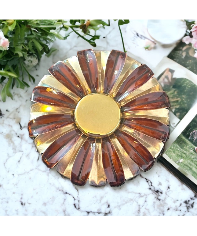 Vintage 1960s Gold metal with brown painted flower large brooch