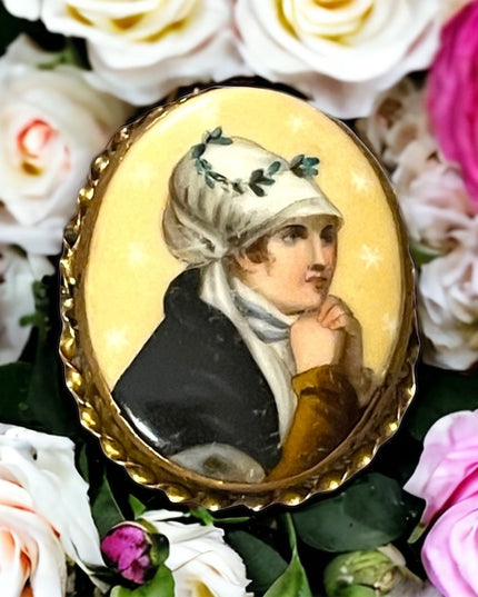 2.5 Antique Victorian Hand Painted Portrait Brooch Young Lady Prayer Gold filled