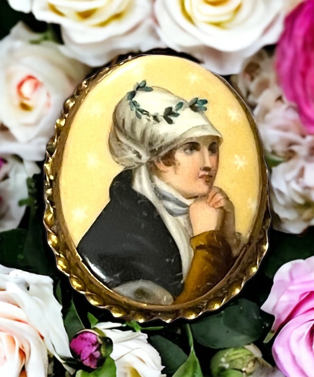 2.5 Antique Victorian Hand Painted Portrait Brooch Young Lady Prayer Gold filled