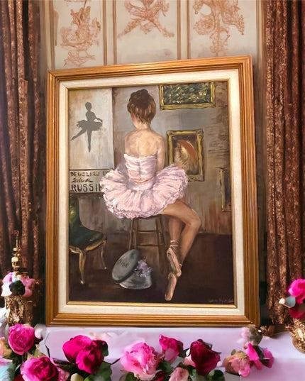Vintage Signed RUSSIAN BALLERINA DIOR painting pink framed canvas