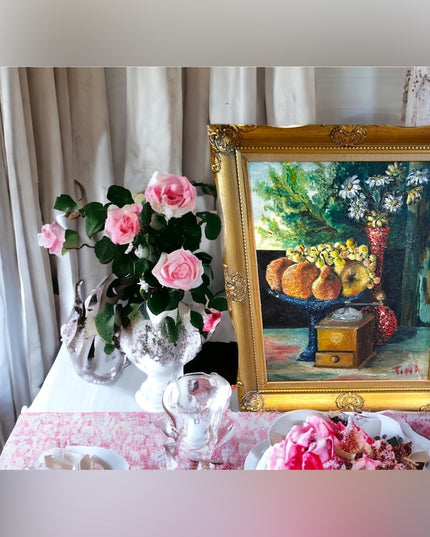 Antique Still life oil painting Gold frame signed