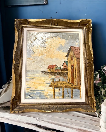 Vintage Wood frame Signed canvas nautical painting “P Kits”