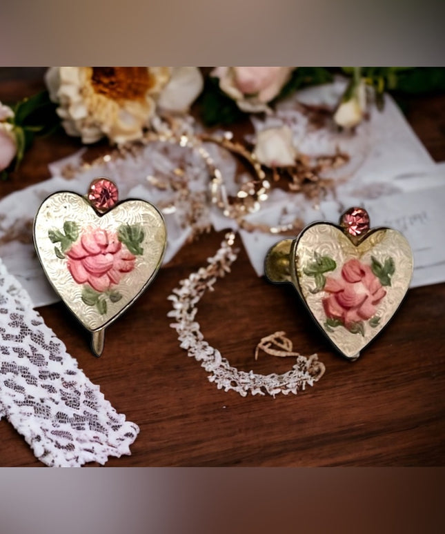 Vintage Guilloche ceramic painted flower & crystal CORO screw back earrings