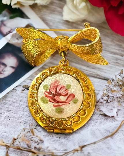 Vintage Ceramic painted flower guilloche Locket brooch gold