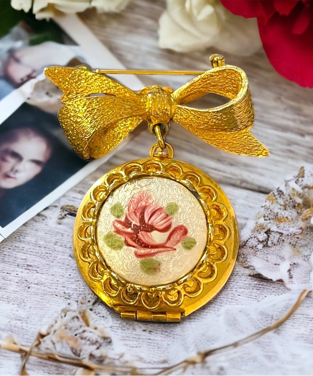 Vintage Ceramic painted flower guilloche Locket brooch gold